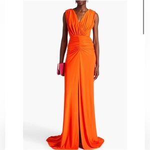 Rhea Costa Elegant Orange Ruched V-Neck Evening Gown